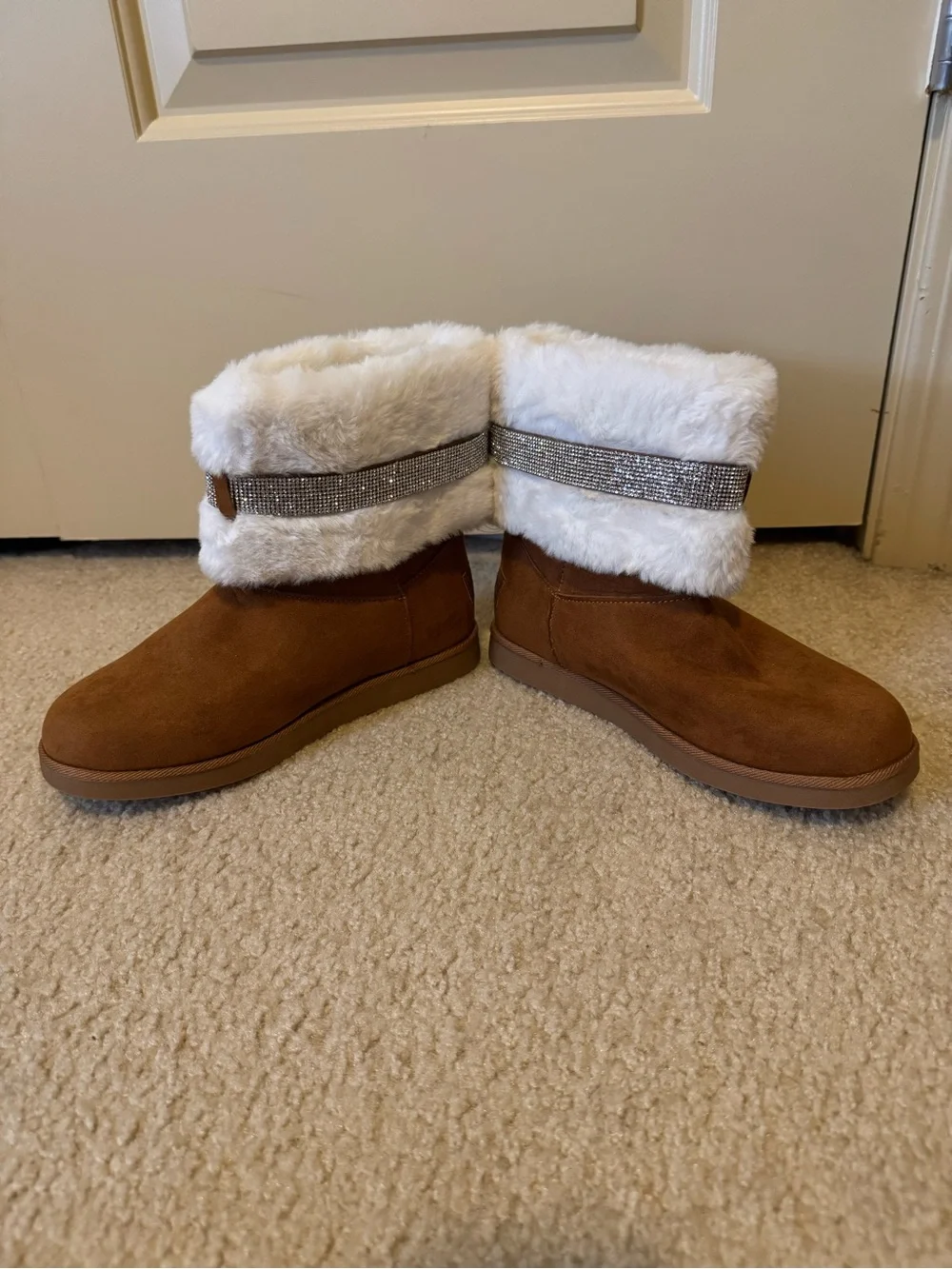 Juicy Couture Brown Suede Faux Fur Cuff Rhinestone Strap Boots